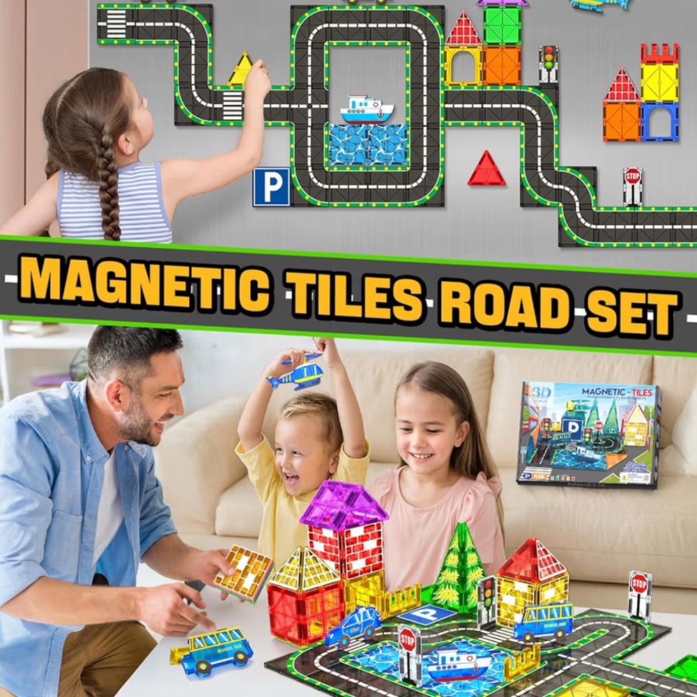 Magnetic Tiles Road Set with Car Magnet Building Tile Toys (NIB) - Picture 3 of 5